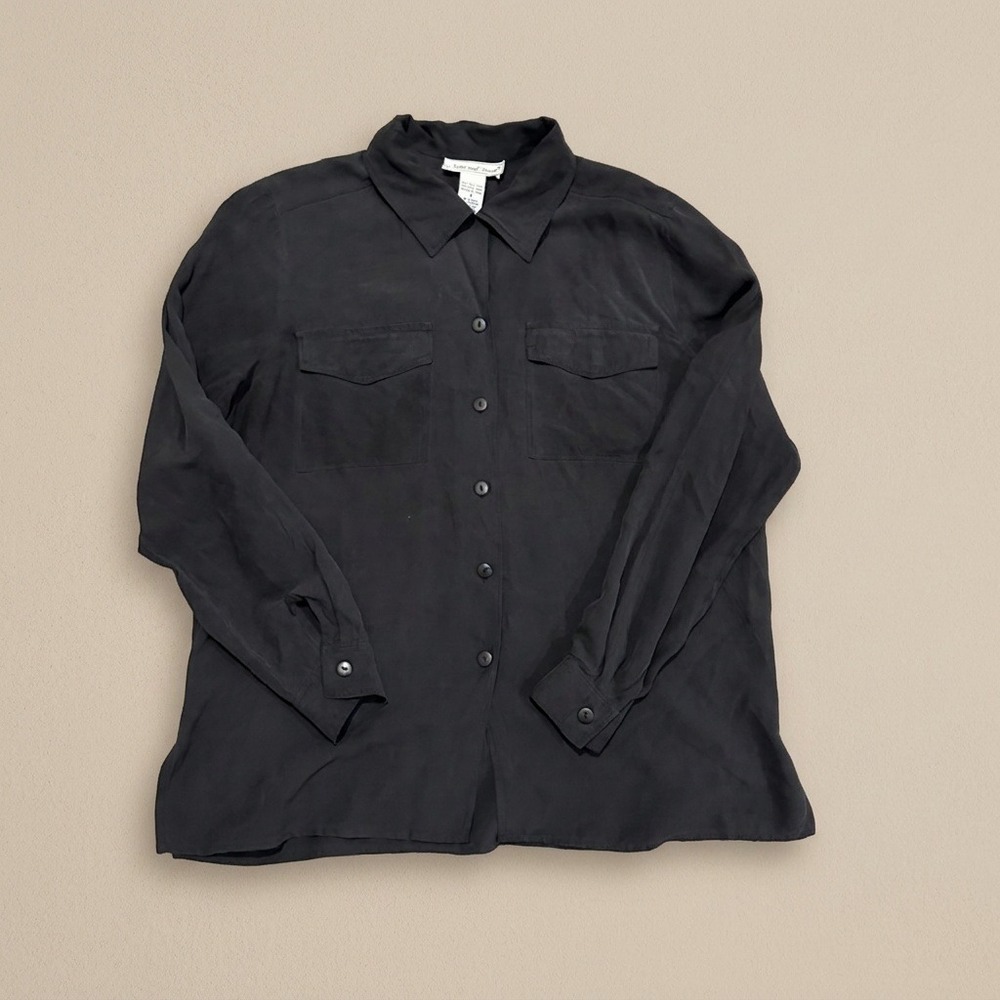 Vintage Anna and Frank 100% Silk Blouse Women Medium Black LS Button Up Top